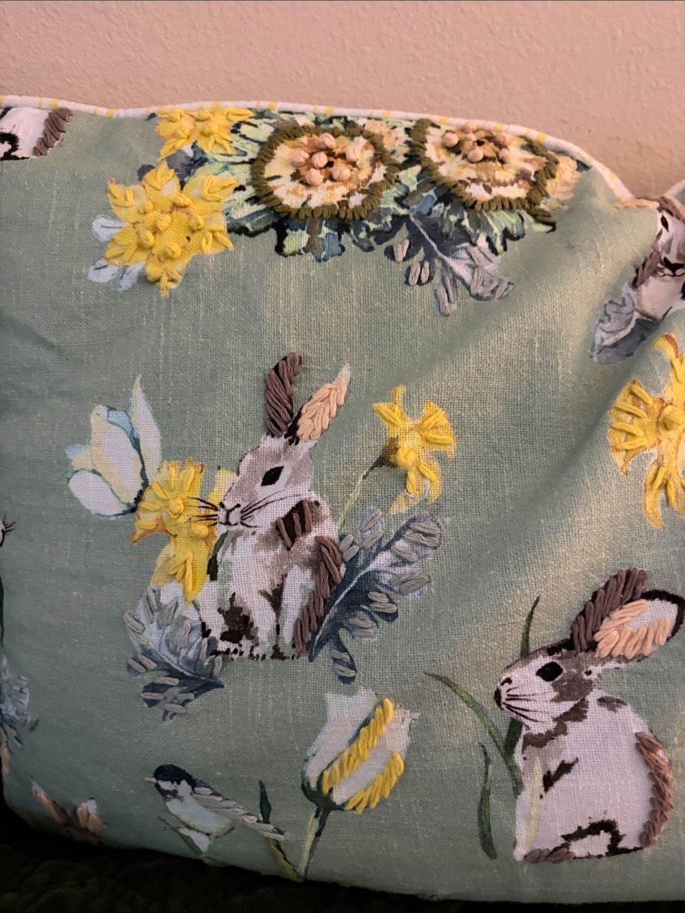 Accent pillow birds, daffodils,, tulips,rabbits in greens, yellows, blues, - Picture 3 of 5